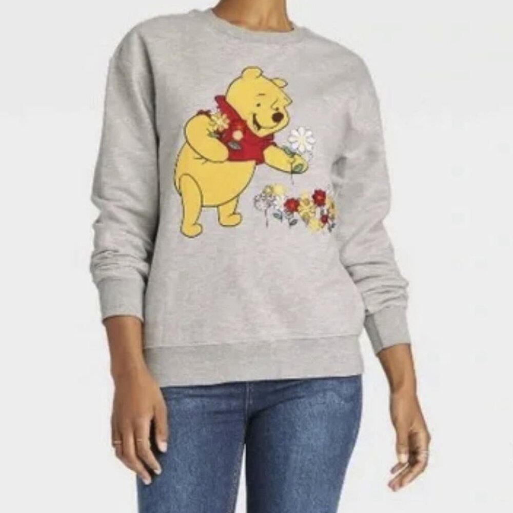 Disney Winnie the Pooh Embroidered Flowers Graphic Fleece Sweatshirt Sz XS NWOT